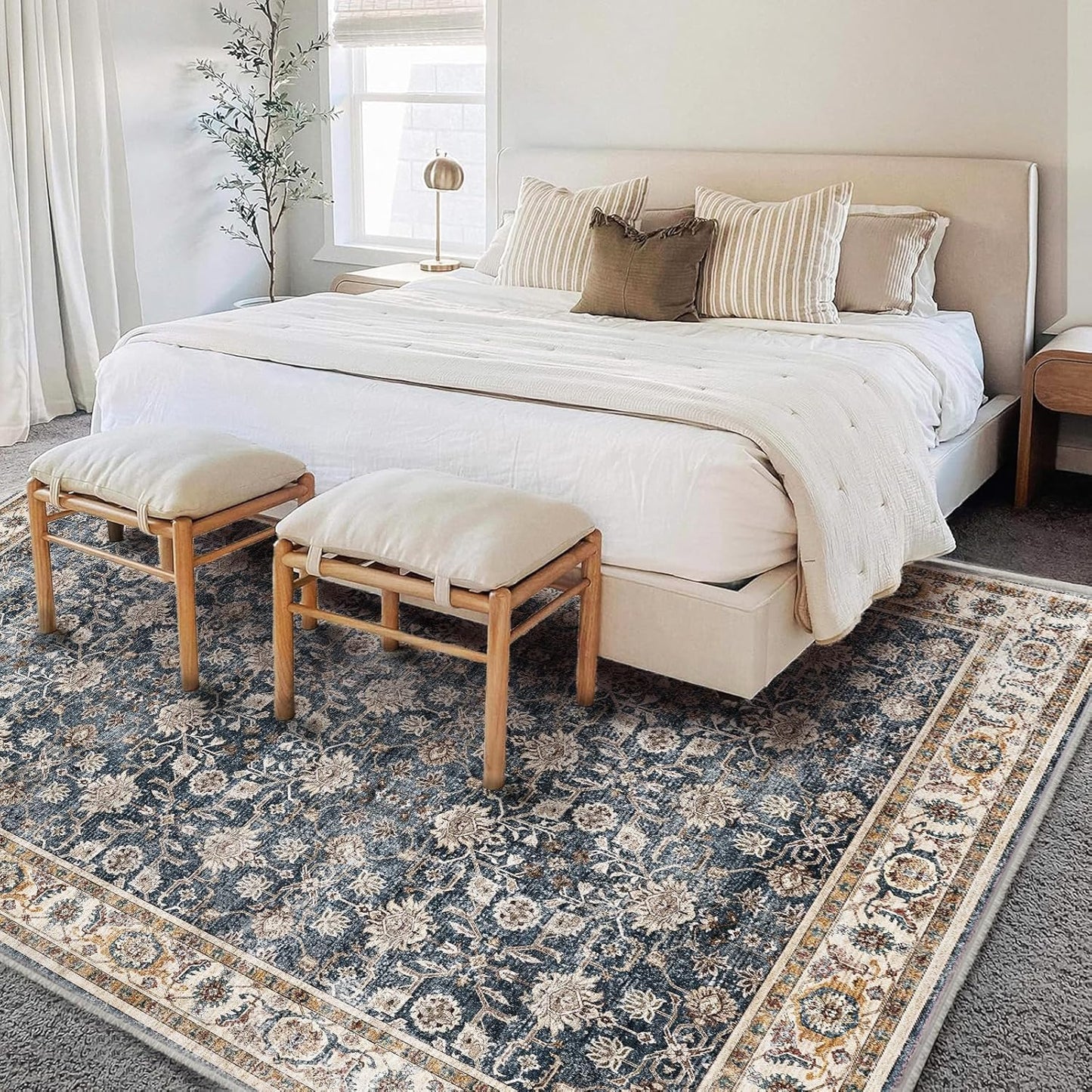 Area Rug 5'x7' Washable Rug Vintage Traditional Floor Cover Thin Retro Kitchen Indoor Distressed Non Slip Carpet for Living Room Bedroom Dining Room