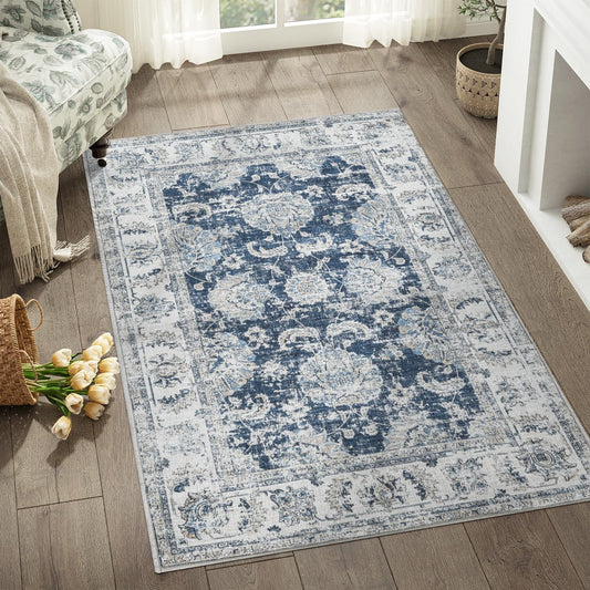 jinchan Floral 3x5 Area Rugs for Entryway - Machine Washable Taupe Vintage Distressed Design Doormat Non-Slip Ultra-Thin Low Pile Boho Rug for Kitchen Living Room Bedroom Farmhouse (3‘x5',Dark Blue)