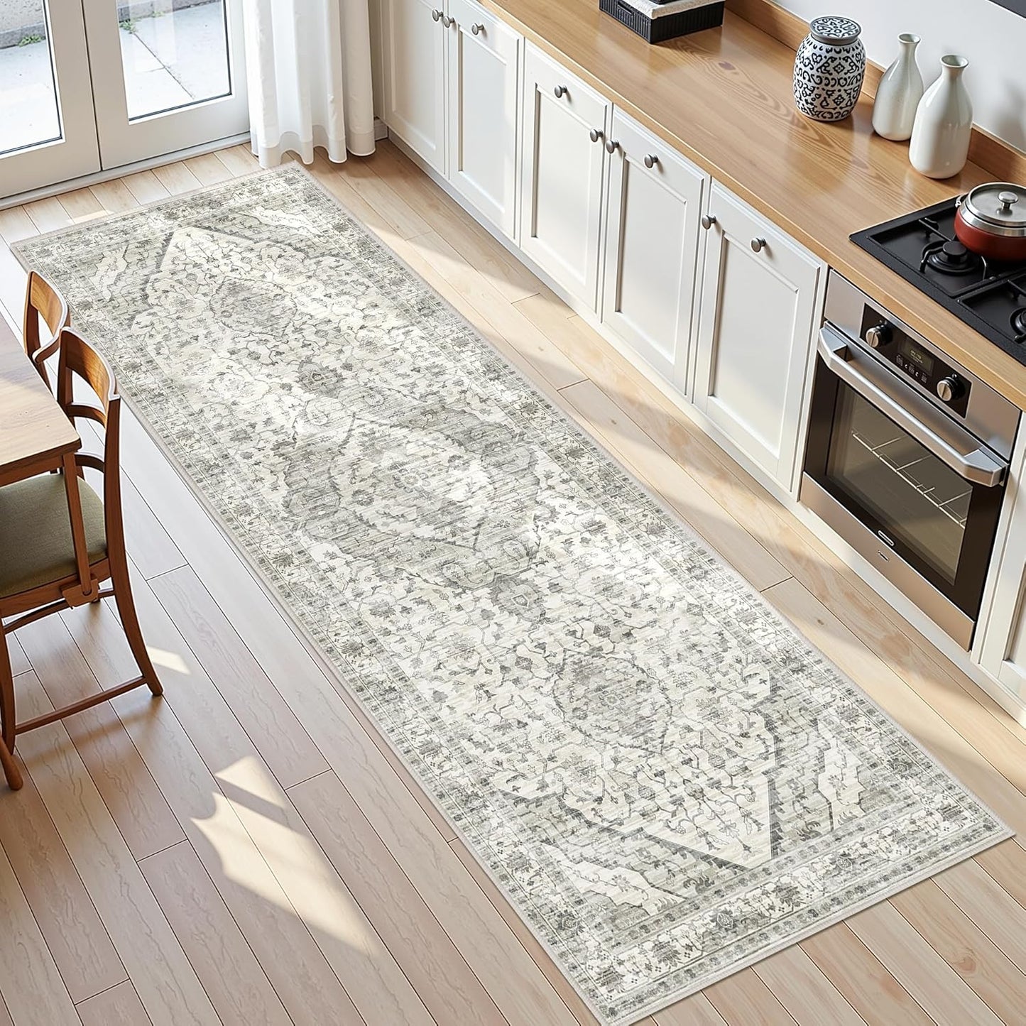 Deerly 2x7 Runner Rugs - Washable Kitchen Rugs with Non Slip Backing, Non-Shedding Cream Runners Rug for Hallways Boho Vintage Long Rug for Bedroom(Border Cream 2x7)