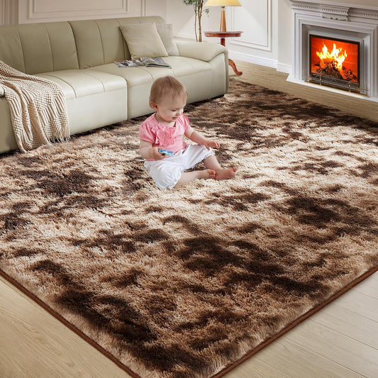 Ultra Soft Rug for Living Room, 8X10 Tie-Dyed Coffee Fluffy Shag Area Rug for Bedroom, Modern Shaggy Carpets Fuzzy Rug for Teens Dorm Nursery Home Decor Aesthetic, Upgrade Anti-Skid Durable