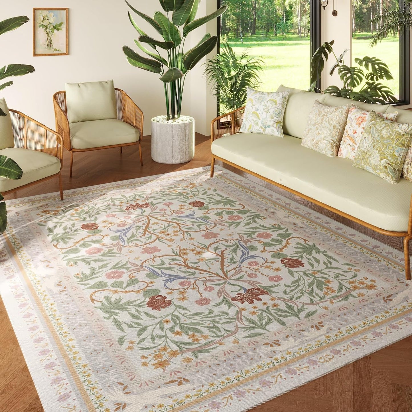 Area Rugs 8x10 for Living Room Clearance Washable Vintage Floral Botanical Rug Non Slip Low Pile Large Rug for Bedroom, Farmhouse, Dining Room, Kids Playroom, Beige