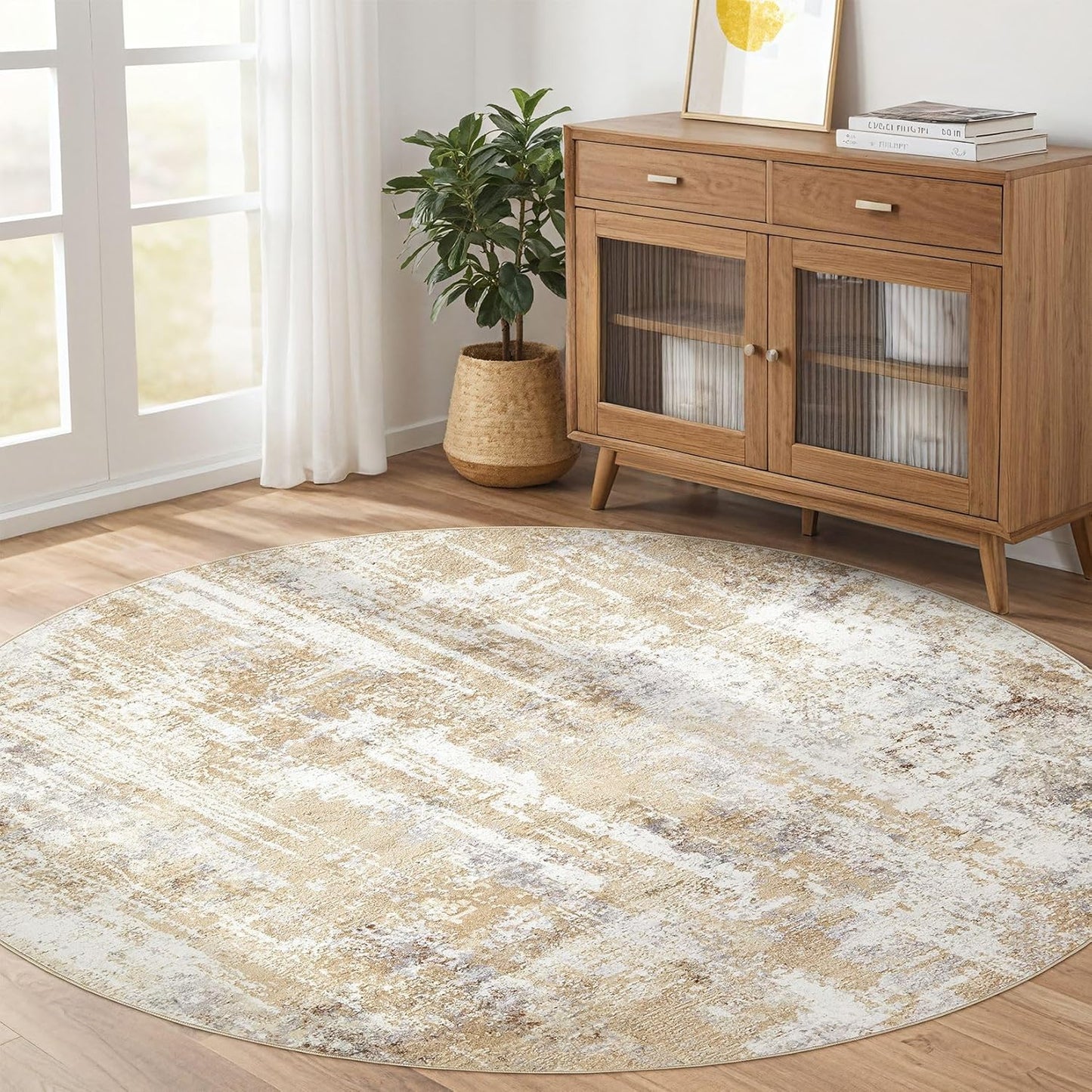 Round Rug Living Room Rugs: 6Ft Washable Circle Large Abstract Modern Soft Stain Resistant Non Slip Indoor Floor Carpet for Bedroom Nursery Office Dining Room Dorm Home House Decor- Gray Gold