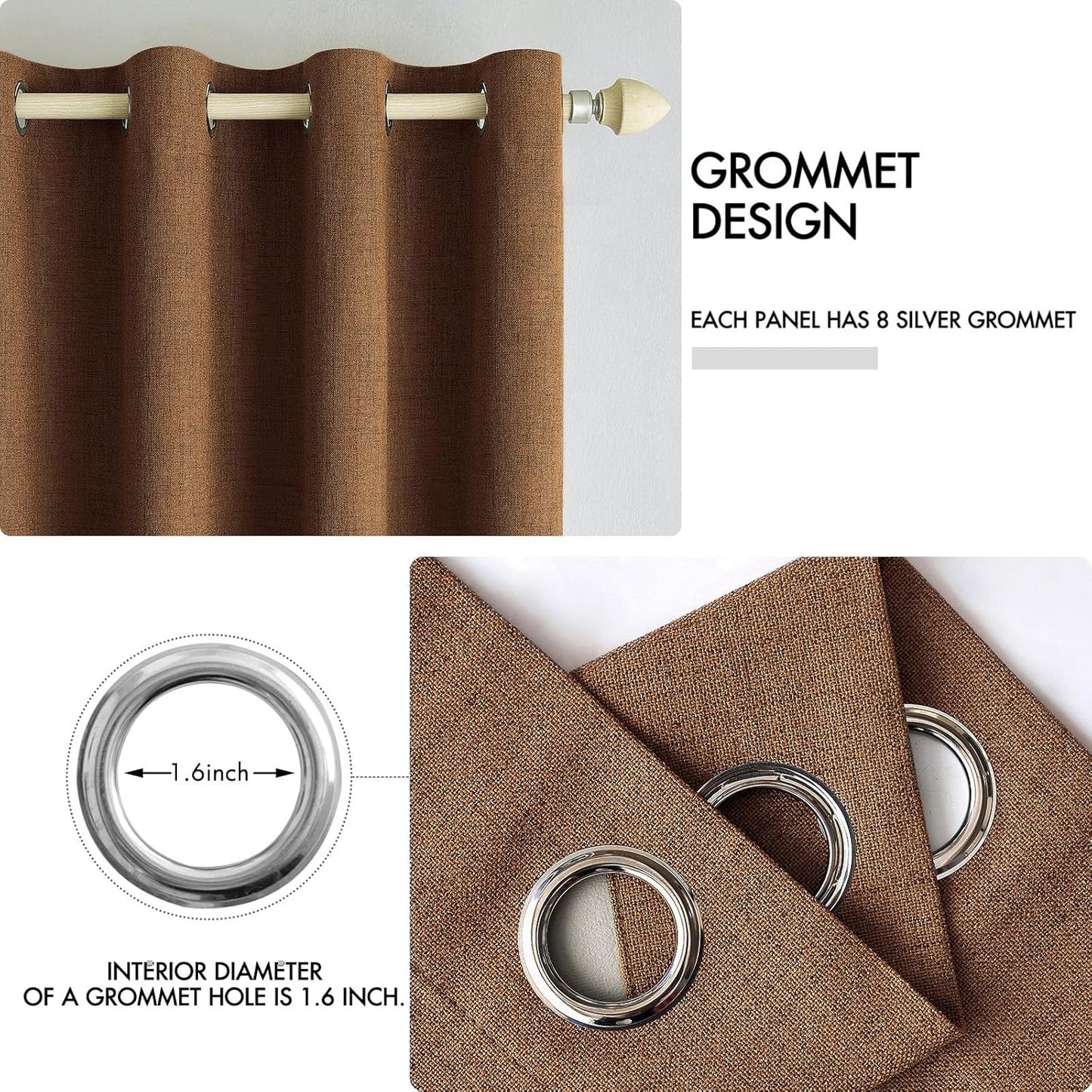 MIULEE Linen Curtains for Bedroom 100% Blackout Thermal Insulated Brown Grommet Room Darkening Curtains & Drapes Fall Decor for Living Room Nursery 52 x 45 Inch (2 Panels)