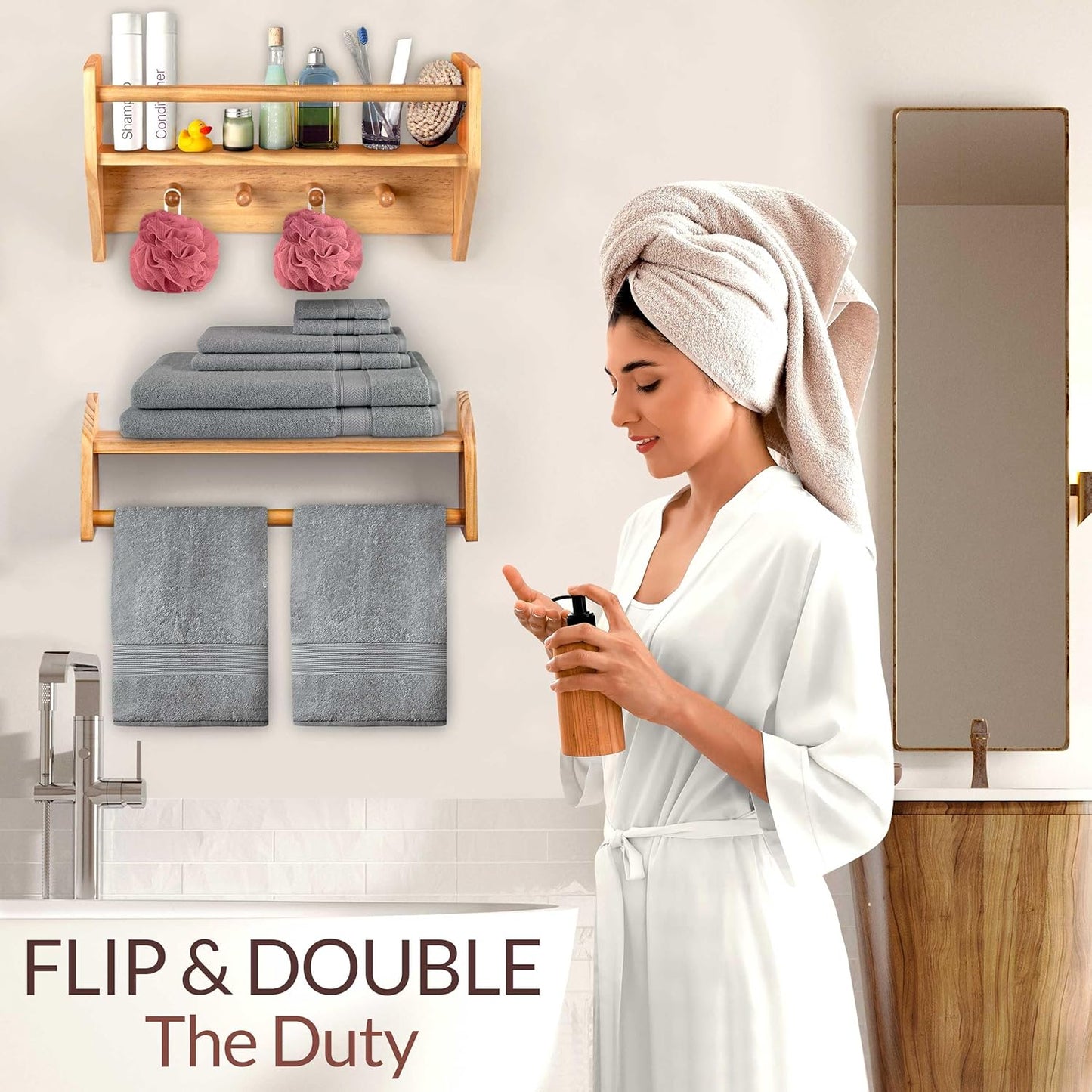 BINGY Nursery Book Shelves - Set of 2 Wall Shelves with Hooks for Clothes - 2-Tier Nursery Bookshelves Made from Solid Wood - 15.71" x 4.8" x 5.5" - Natural Wood