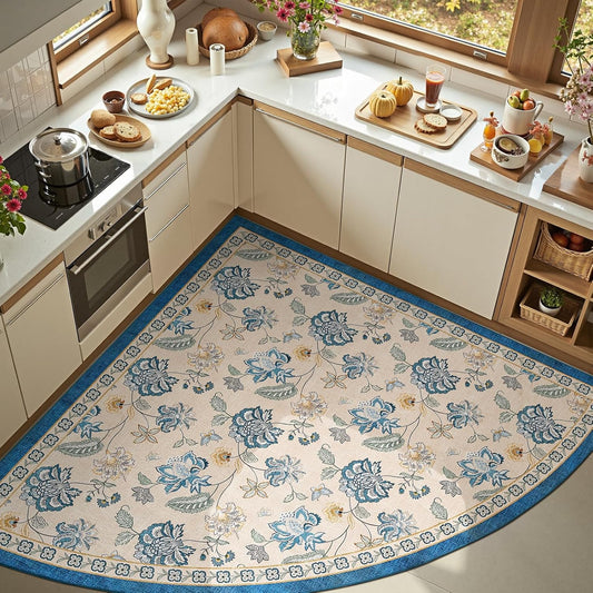 jinchan Floral Corner Rug for Living Room Washable Bedroom Rug Vintage Romance Design Non Slip Quarter Circle Lightweight Low-Pile Throw Carpet for Reading Nook Playroom,6ft Radius, Blue/Beige