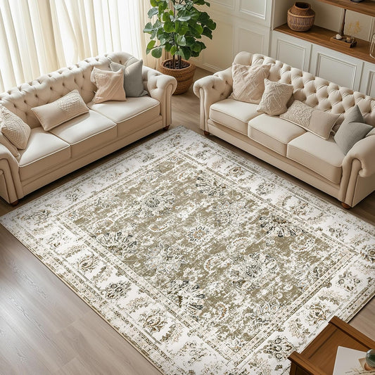jinchan 9x12 Area Rugs for Living Room - Machine Washable Vintage Floral Distressed Design Stain Resistant Carpet Low Pile Non-Slip Large Rug for Bedroom Dining Room Home Office (9‘x12',Taupe)