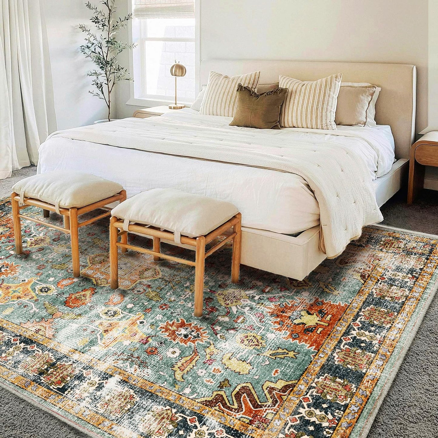 Area Rug 6'x9' Washable Vintage Traditional Distressed Thin Retro Kitchen Indoor Floor Cover Non Slip Carpet Floral Print Mat for Living Room Bedroom Dining Room