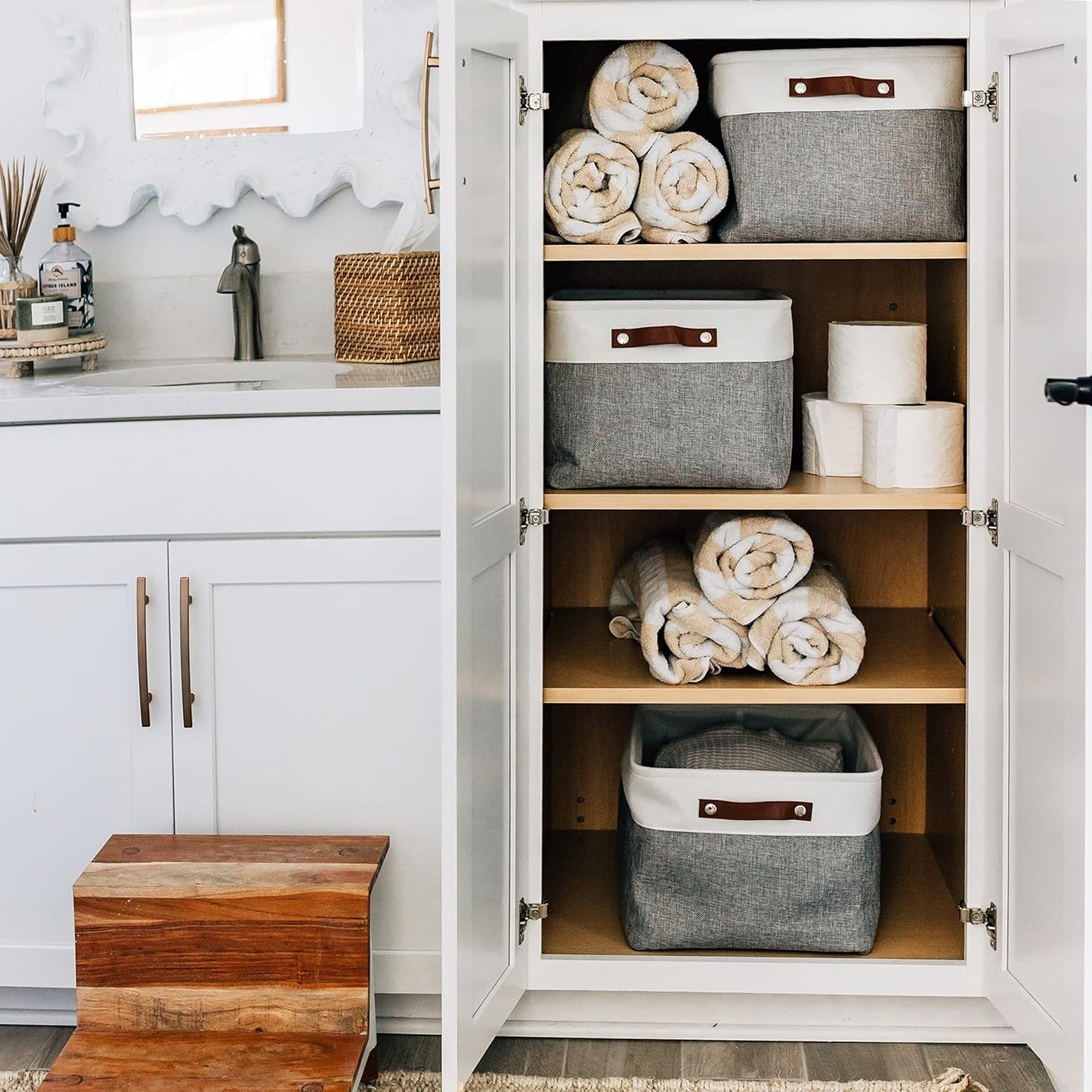 OrganiHaus Extra Large Fabric Storage Baskets for Shelves 3 Pack | 16x13in Closet Storage Bins for Shelves | Cloth Baskets for Organizing | Linen Closet Organizers | Fabric Storage Bin - Gray/White