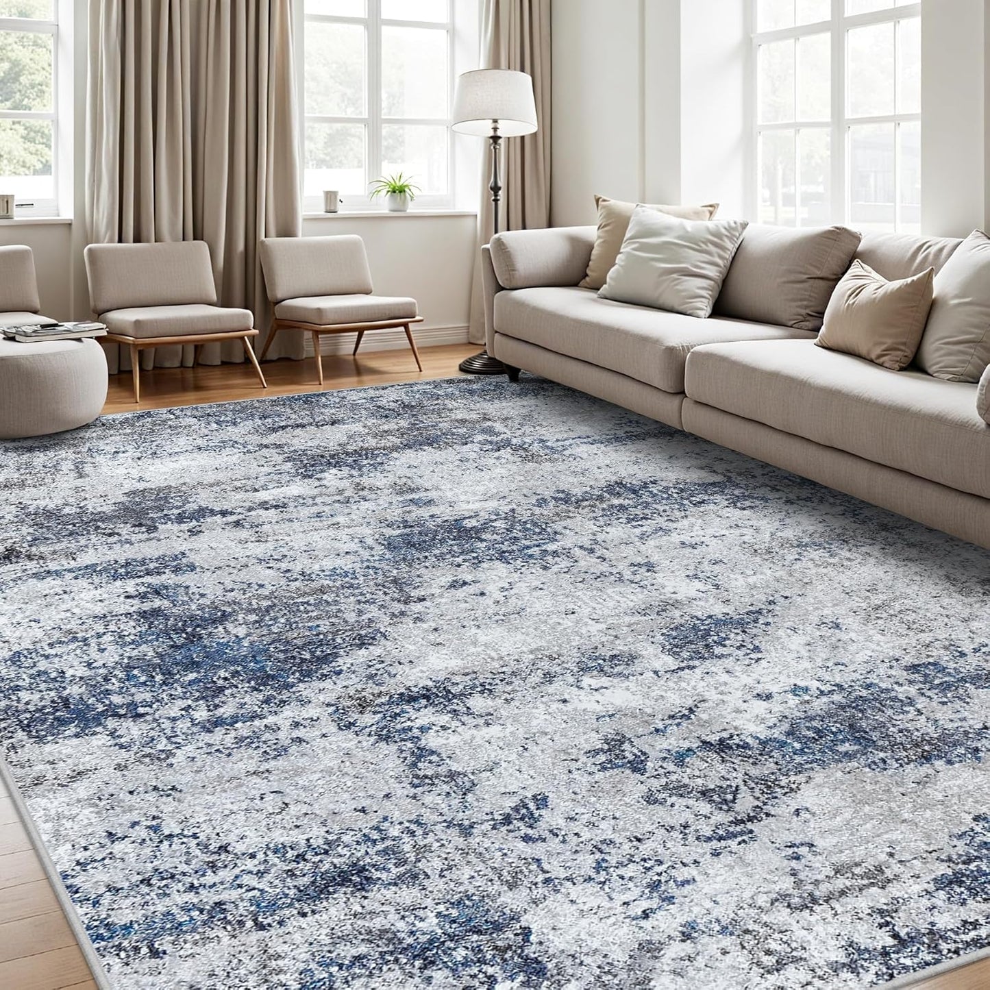 Area Rugs 8x10 Living Room Rugs: Modern Abstract Washable Rug with Non-Slip Backing, Stain Resistant Indoor Floor Large Carpet for Bedroom Dining Room Table Nursery Hallway Home Office Blue/Gray/Black