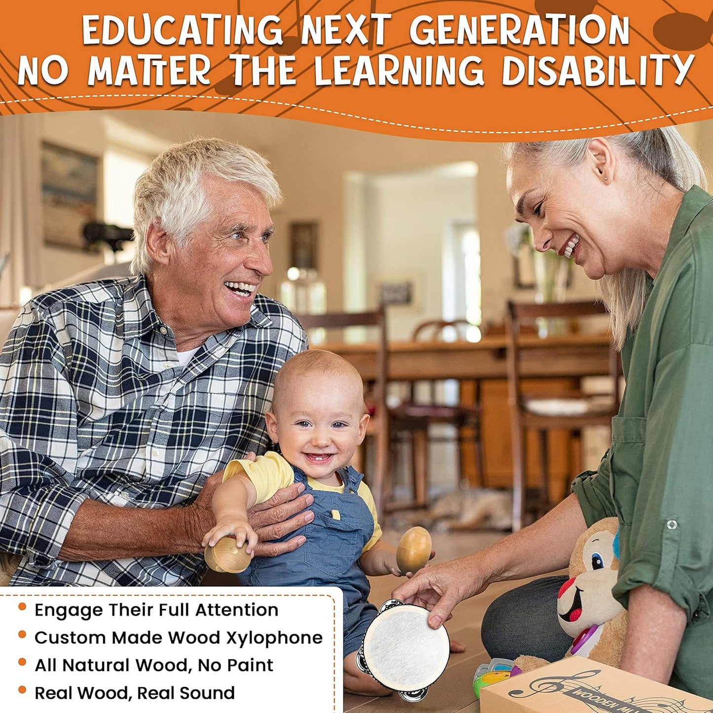 Natural Wood Musical Toys for Toddlers 1-3, Kids Musical Instruments set of 7 items Kids Guitar Egg shakers Flute Instruments Maracas Baby Xylophone Tambourine Castanets, Toddler learning Toys Experts