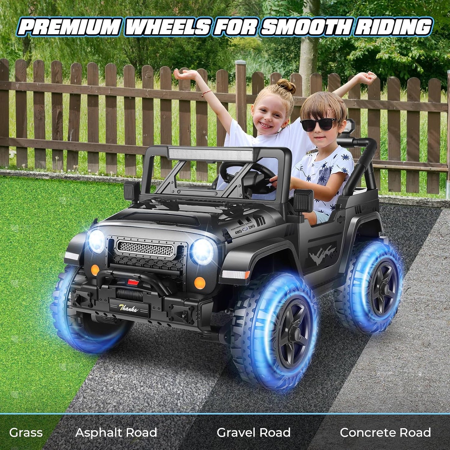 Hikole 24V 4x4 Ride on Toys for Big Kids - 4WD/2WD Switchable 2 Seater Battery Car with Remote Control, 4x200W Motors, 5 Mph Max Speed, Music, Electric Car for Boys Girls, Black