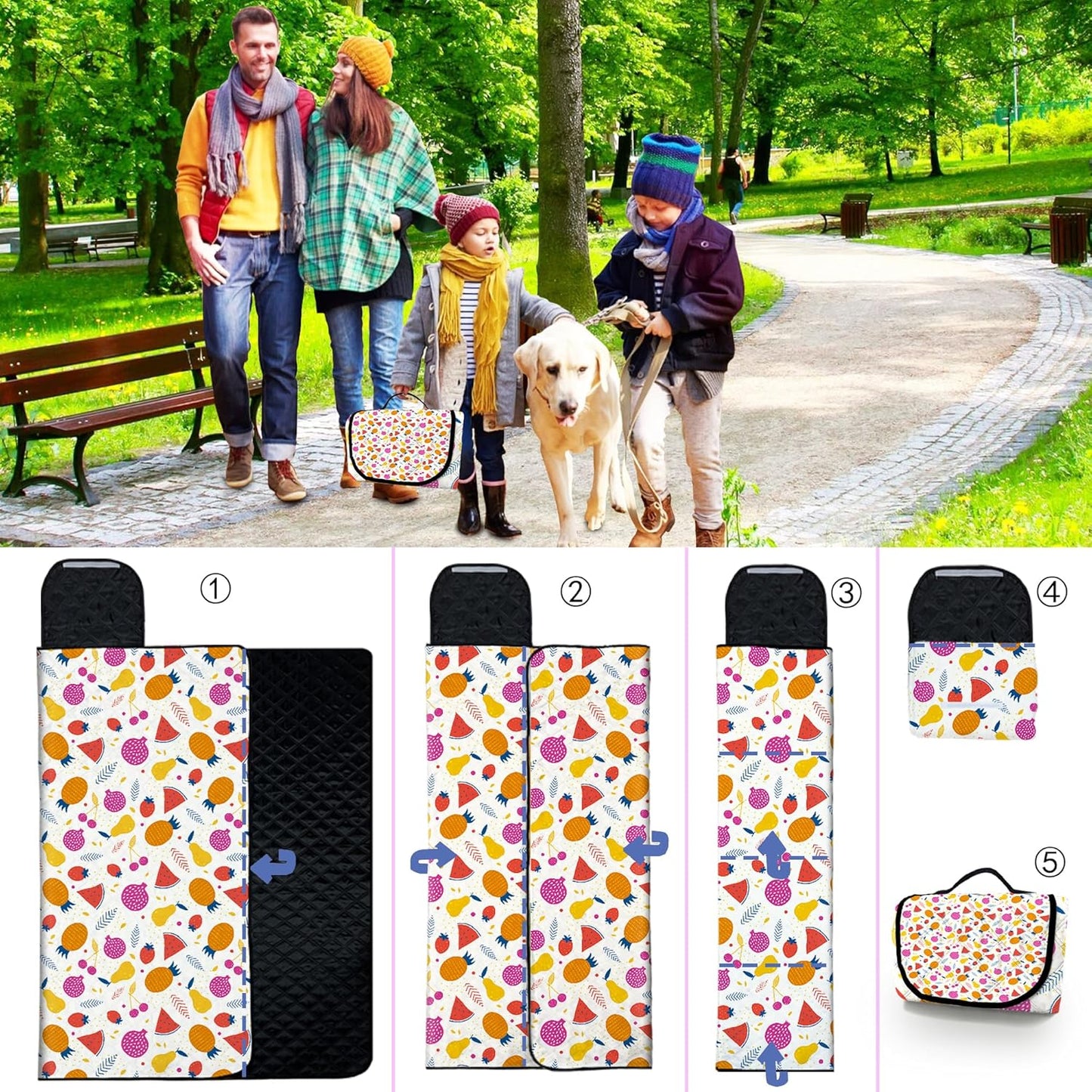 Poedist Extra Large Picnic Blanket Waterproof,80"x 80"Foldable Machine Washable Beach Blanket,Outdoor Blanket for 6-8 Adults,Suitable for Indoor Crawling,Park Beach,Camping,Hiking,Family Travel(Fruit