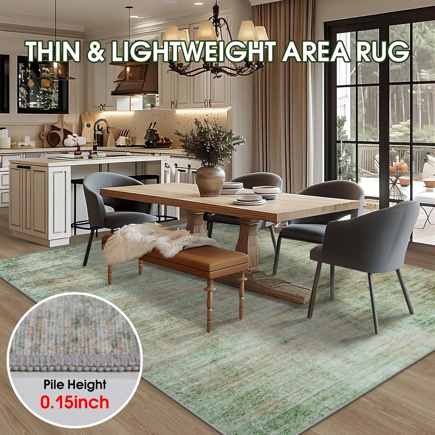 Area Rug 5x7 Living Room Rugs: Abstract Large Washable Rugs with Non-Slip Backing, Thin Carpet for Dining Room Table Bedroom Nursery Indoor Home Office-Green
