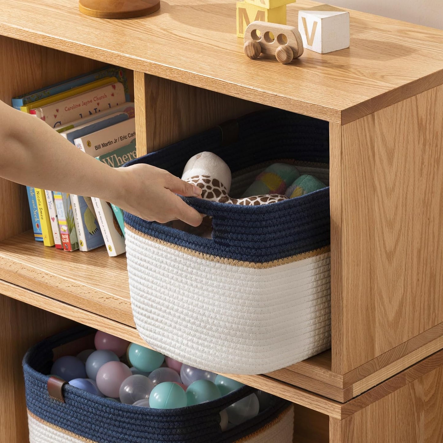 UBBCARE 4 Pack Baskets for Organizing, Woven Storage Baskets with Label for Toys and Towel, Rectangle Cotton Rope Basket with Handles, 15''L x10''W x9''H, Navy Blue&White