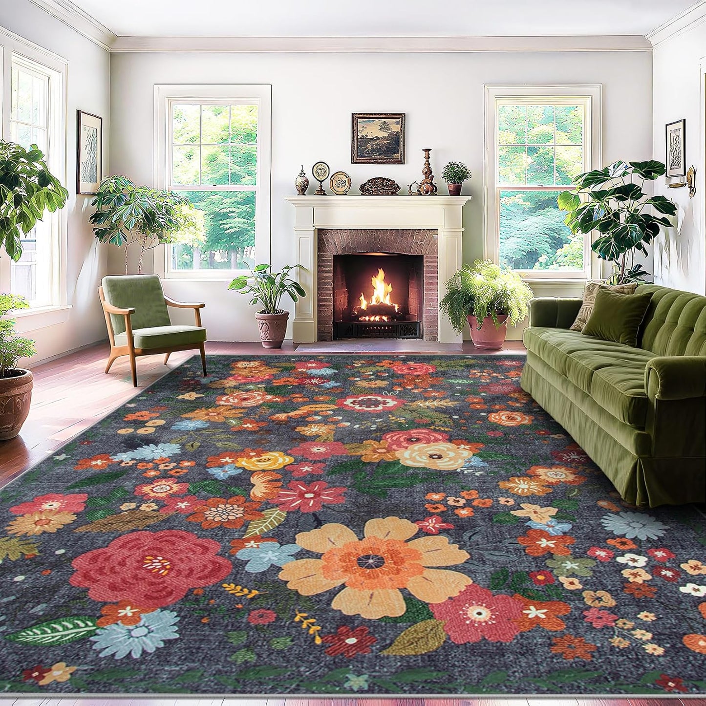 Area Rug Living Room Rugs: 5x7 Washable Rug Vintage Floral Soft Boho Non Slip Carpet Indoor Floor Non Shedding Low Pile Thin Carpets for Bedroom Dining Room Farmhouse Nursery Home Office Black