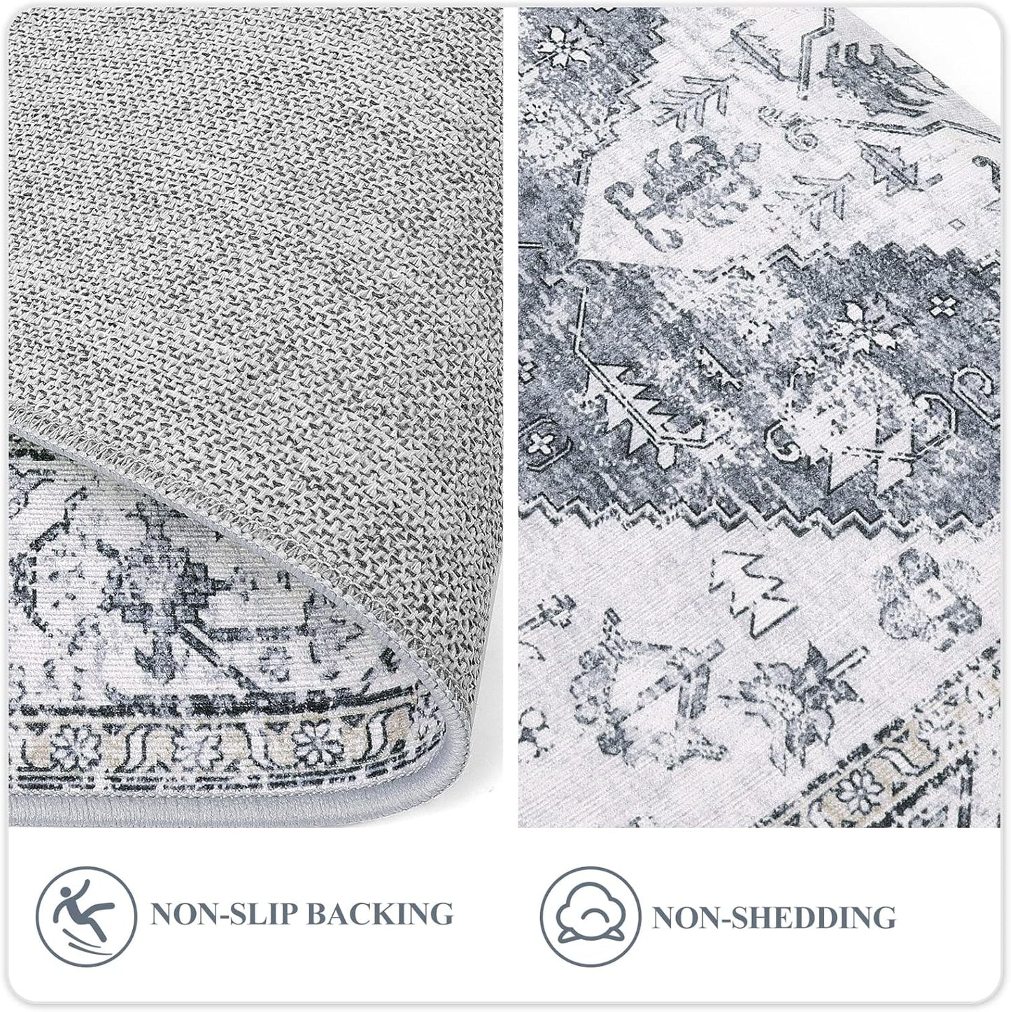 Lahome Boho Hallway Runner Rug 2x6, Washable Untra-Thin Non-Slip Kitchen Runner, Oriental Distressed Print Rug for Entryway Bathroom Laundry Room Bedroom, Grey