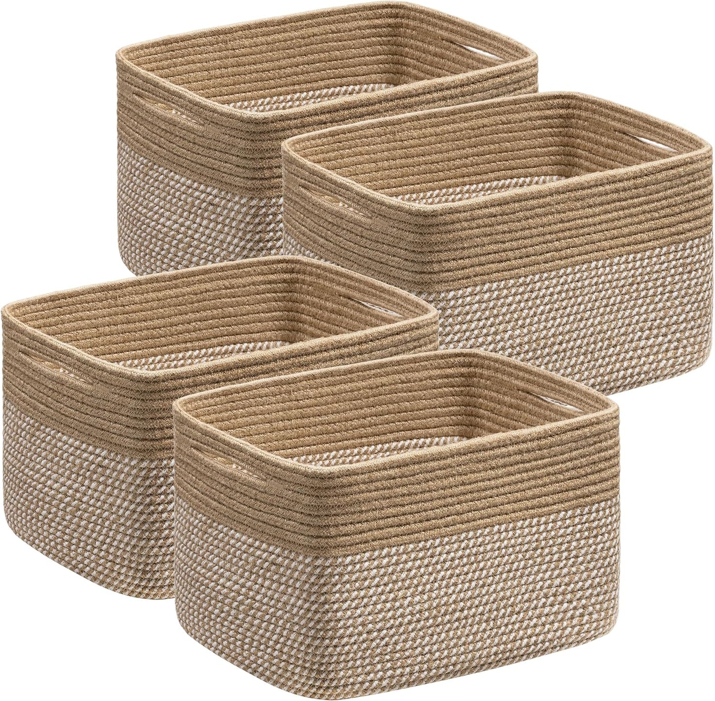 UBBCARE 4 Pack Baskets for Organizing, Woven Storage Baskets for Toys and Towel, Rectangle Cotton Rope Basket with Handles, 15''L x10''W x9''H, Mixed Brown
