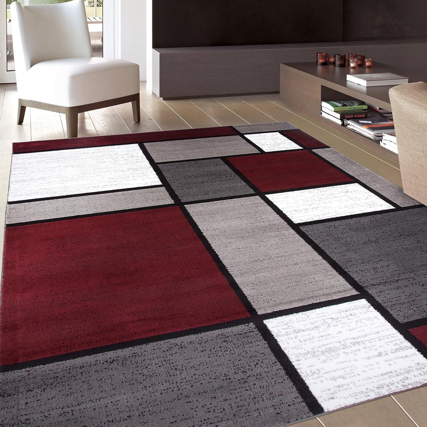 Rugshop Contemporary Modern Boxes Area Rug 3'3" x 5' Red