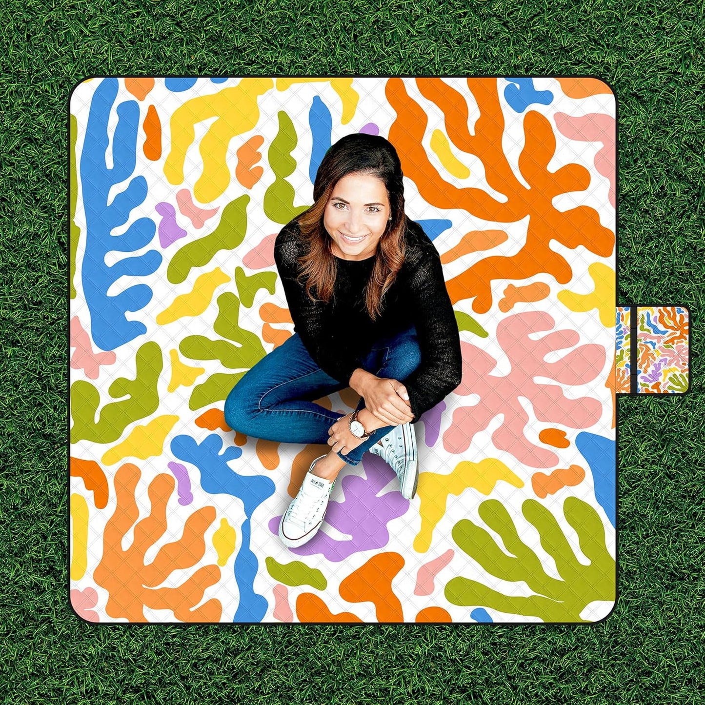 Picnic Blankets Sandproof Waterproof, Extra Large 79''x79'' Foldable & Portable Beach Blanket, 3-Layer Fabric Outdoor Mat for Family Camping, Park, Travel, Grass Lawn, outdoor-Tropical Color Splash